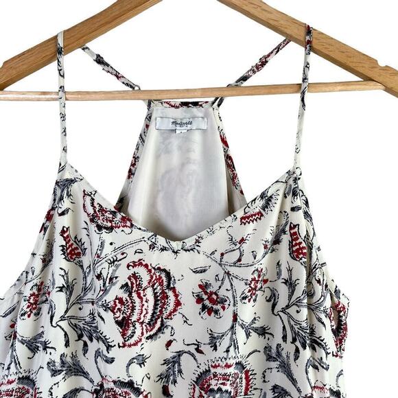 Madewell 100% Silk Floral Dress‎ Waist Tie with Pockets Cream Gray Red, Size 4 - Picture 5 of 12